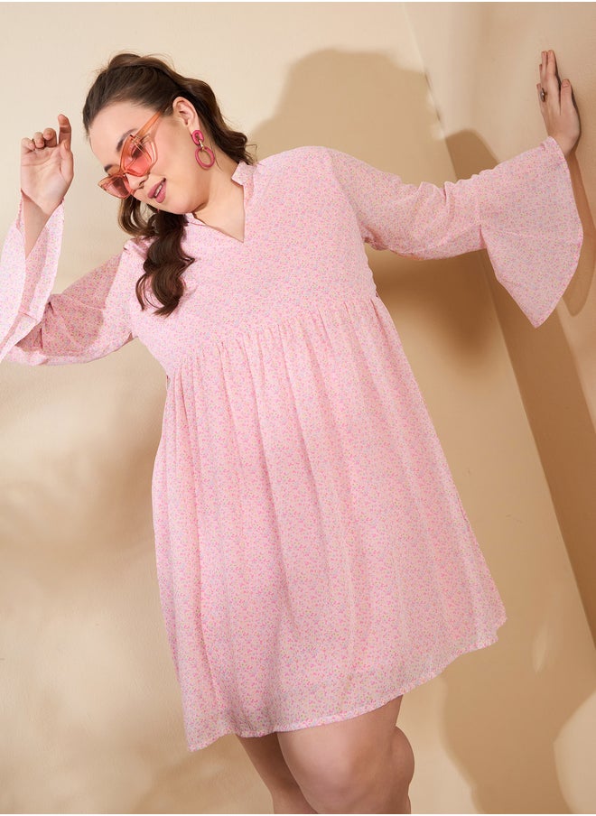 SASSAFRAS Plus Size Ditsy Floral Print V-Neck Knee Length Dress  - Image 1