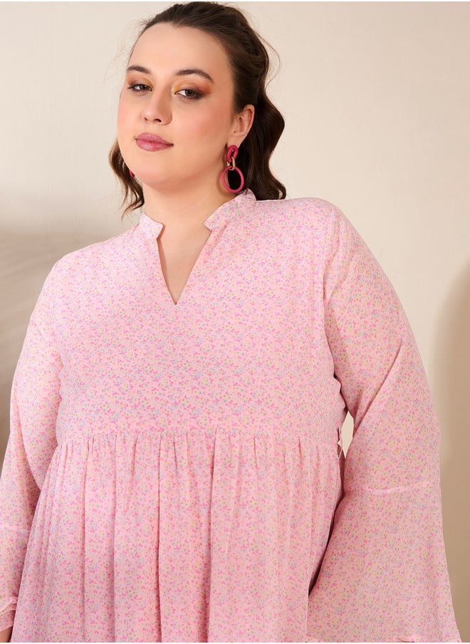 SASSAFRAS Plus Size Ditsy Floral Print V-Neck Knee Length Dress  - Image 4