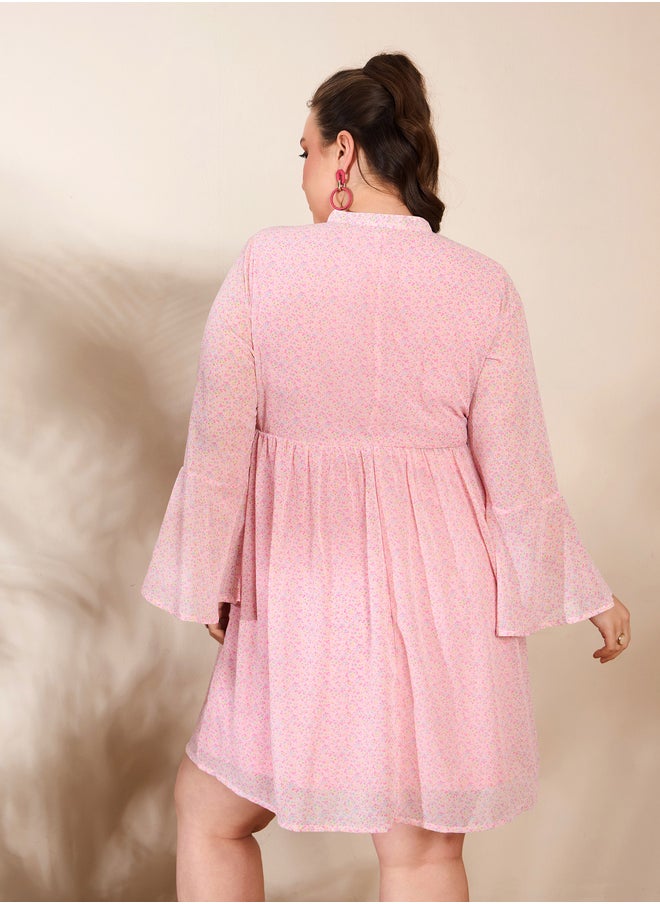 SASSAFRAS Plus Size Ditsy Floral Print V-Neck Knee Length Dress  - Image 5