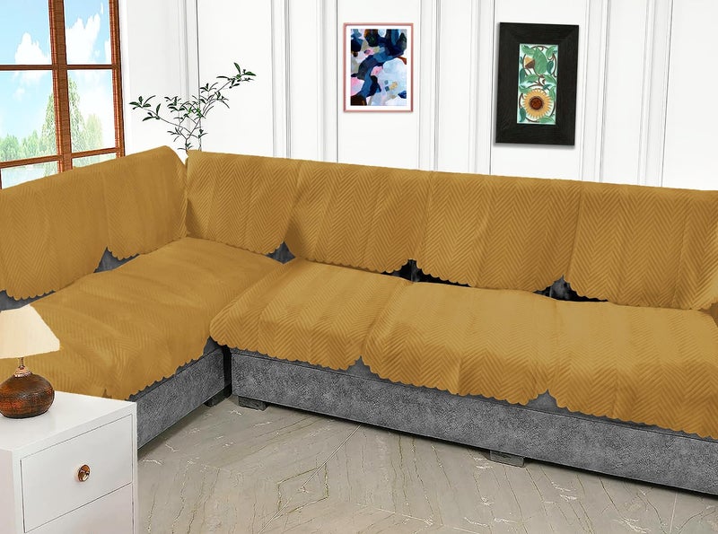 Fashion Throw Quilted Velvet L Shape Seater Sofa Cover | 3-Layer Soft Sofa Protector for Living Room | Anti-Slip | Machine Washable | Sofa Slipcover for Pets & Kids | Golden (L-Shape) - Image 1