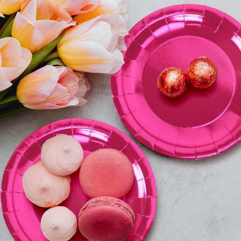 Whaline Hot Pink Paper Plates Valentine's Day Pink Foil Disposable Plates Large Round Tableware Decor for Dessert Appetizer Girls Birthday Party Supplies  9 Inch  25 Pack - Image 4