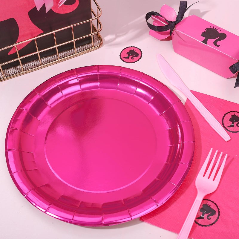 Whaline Hot Pink Paper Plates Valentine's Day Pink Foil Disposable Plates Large Round Tableware Decor for Dessert Appetizer Girls Birthday Party Supplies  9 Inch  25 Pack - Image 3