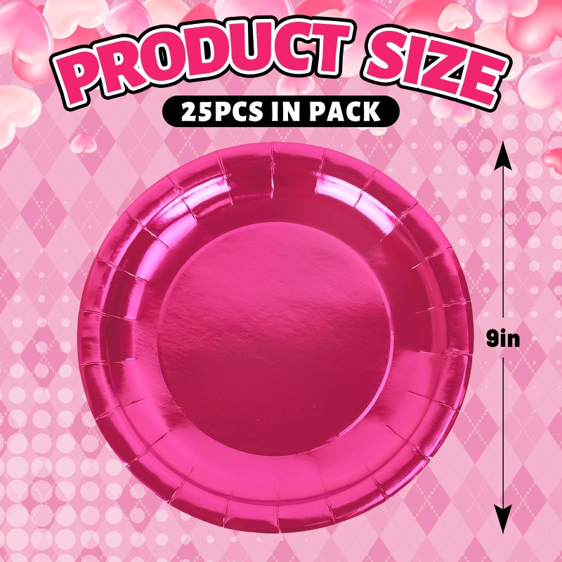 Whaline Hot Pink Paper Plates Valentine's Day Pink Foil Disposable Plates Large Round Tableware Decor for Dessert Appetizer Girls Birthday Party Supplies  9 Inch  25 Pack - Image 2