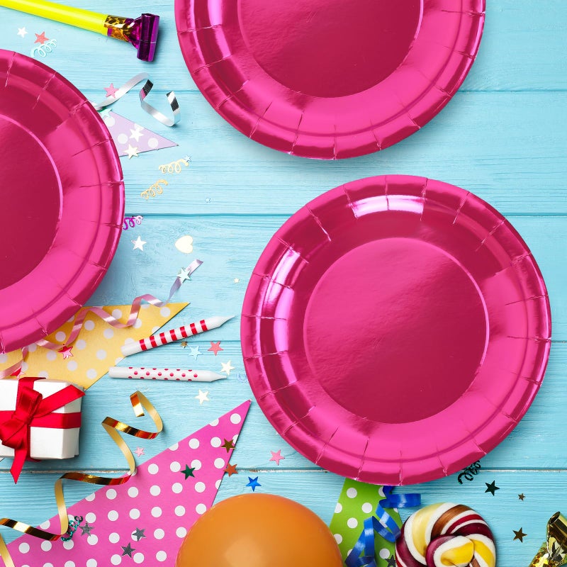 Whaline Hot Pink Paper Plates Valentine's Day Pink Foil Disposable Plates Large Round Tableware Decor for Dessert Appetizer Girls Birthday Party Supplies  9 Inch  25 Pack - Image 5