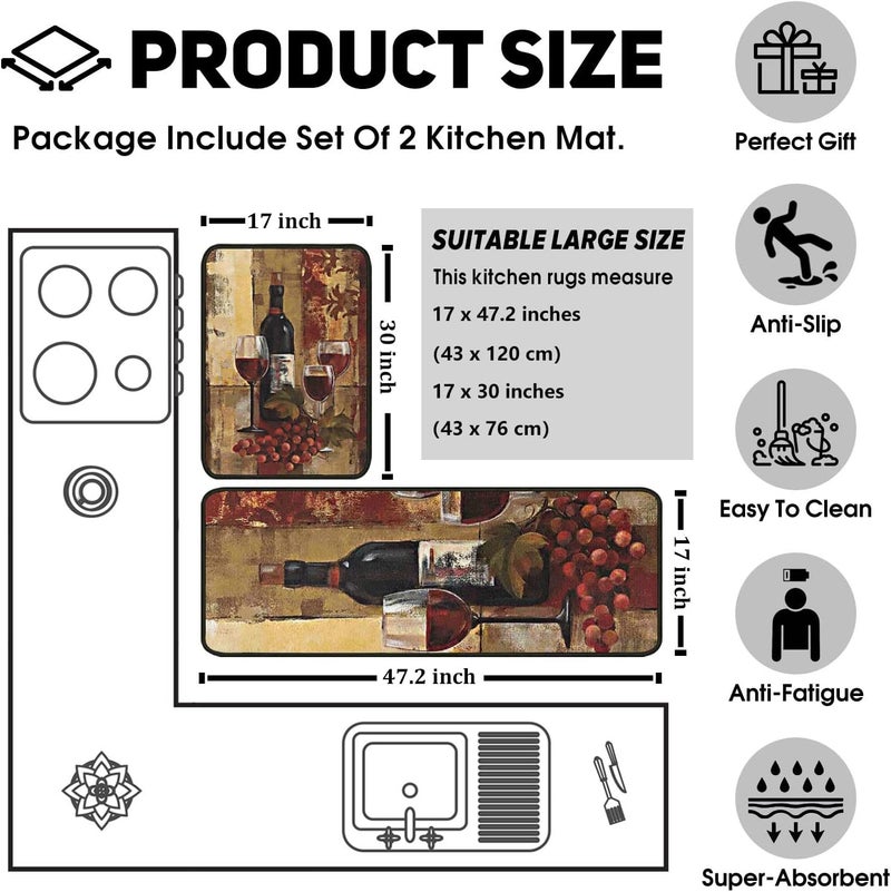 OUXIOAZ Wine Kitchen Rugs and Mats 2 PCS Non Skid Washable Absorbent Microfiber Kitchen Mat for Doormat Bathroom Runner Set 17x4717x30 Wine - Image 5