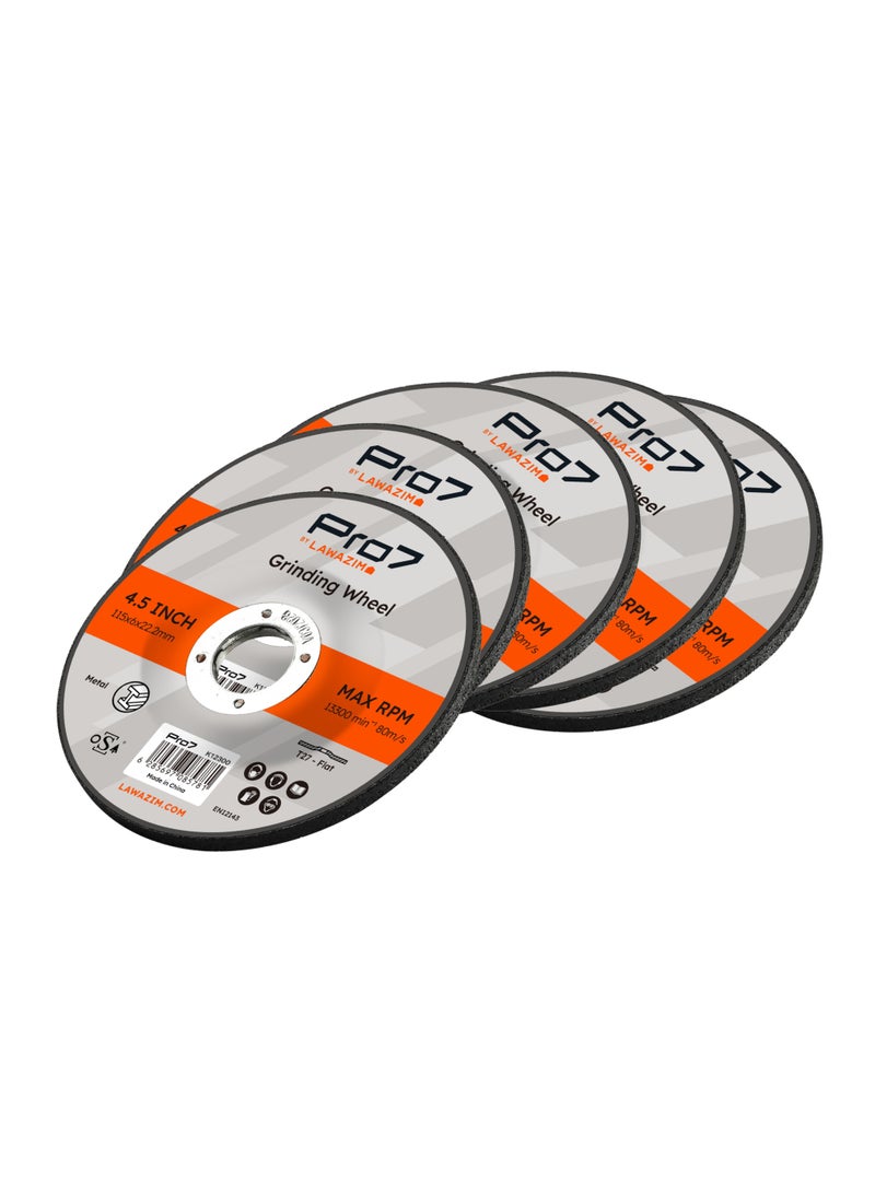 LAWAZIM Pro7 Grinding Disc for Metal - 5 Pack 4.5inch (115x6mm) - 7/8" Arbor Abrasive Angle Grinder Wheel - Ideal for Steel, Inox, Weld Grinding, Edge Blending, Deburring, and Heavy-Duty Surface Prep - Image 1