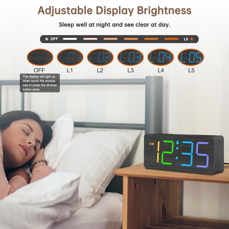 DreamSky Wooden Digital Clock for Bedroom Desk - RGB Loud Alarm Clock for Heavy Sleepers with Volume Control, Large Numbers with Dimmer for Living Room Office, Wood Decor (Plug in Clock) - Image 5