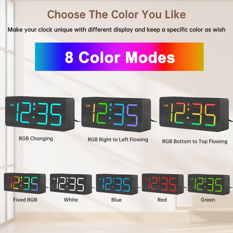 DreamSky Wooden Digital Clock for Bedroom Desk - RGB Loud Alarm Clock for Heavy Sleepers with Volume Control, Large Numbers with Dimmer for Living Room Office, Wood Decor (Plug in Clock) - Image 2