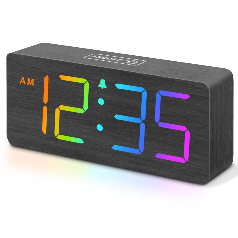 DreamSky Wooden Digital Clock for Bedroom Desk - RGB Loud Alarm Clock for Heavy Sleepers with Volume Control, Large Numbers with Dimmer for Living Room Office, Wood Decor (Plug in Clock) - Image 1