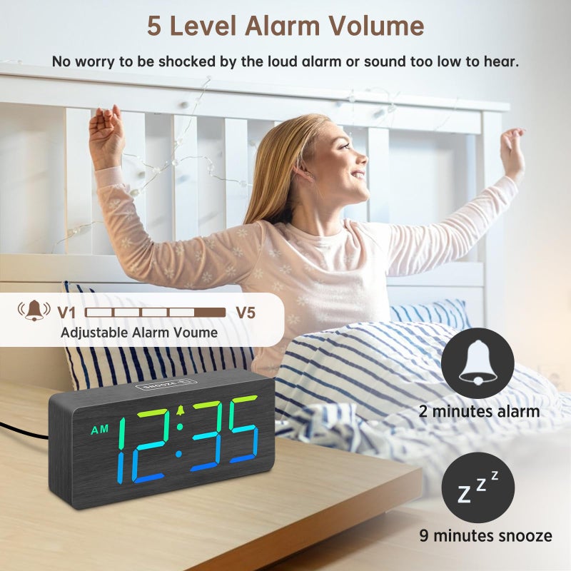 DreamSky Wooden Digital Clock for Bedroom Desk - RGB Loud Alarm Clock for Heavy Sleepers with Volume Control, Large Numbers with Dimmer for Living Room Office, Wood Decor (Plug in Clock) - Image 4