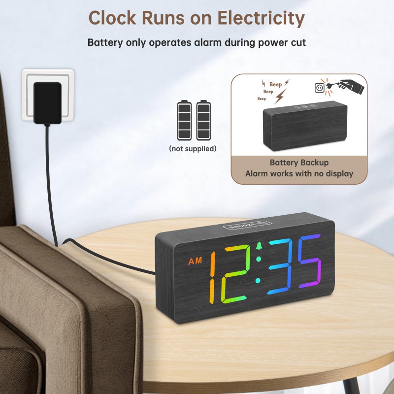 DreamSky Wooden Digital Clock for Bedroom Desk - RGB Loud Alarm Clock for Heavy Sleepers with Volume Control, Large Numbers with Dimmer for Living Room Office, Wood Decor (Plug in Clock) - Image 3