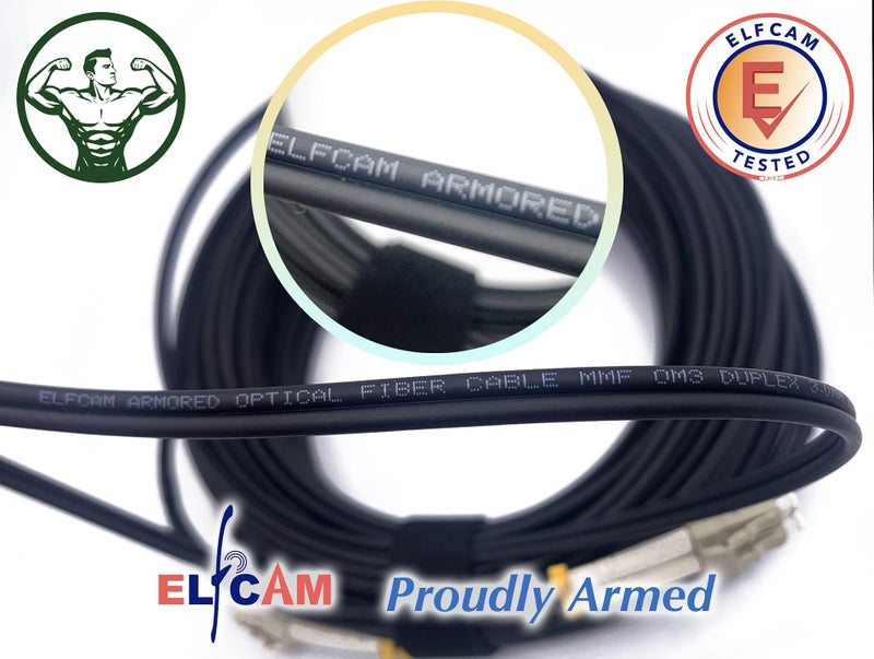 Elfcam® - 100m/328ft Outdoor and Indoor Shielded Armored Fiber Optic Cable LC/UPC to LC/UPC OM3 Multimode Duplex 50/125μm LSZH, Black (100M) - Image 5