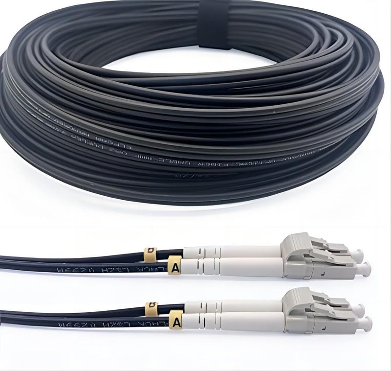 Elfcam® - 100m/328ft Outdoor and Indoor Shielded Armored Fiber Optic Cable LC/UPC to LC/UPC OM3 Multimode Duplex 50/125μm LSZH, Black (100M) - Image 1
