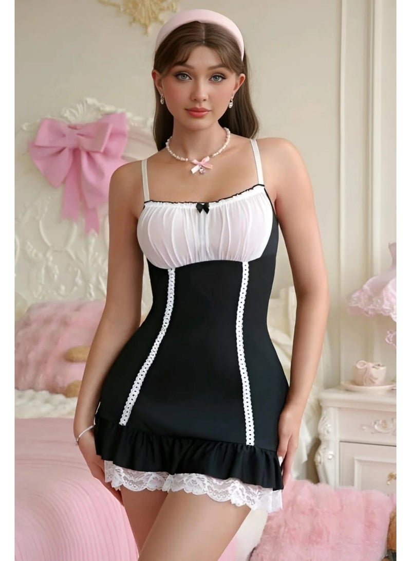 Women's Plus Size Nightwear Dress, Black and White Butter Fabric and Chiffon Lace Trim, Elegant Babydoll Lingerie, Soft Stretch Sleepwear, Romantic Homewear, Comfortable Night Dress, Fits Up to 85 KG - Image 3