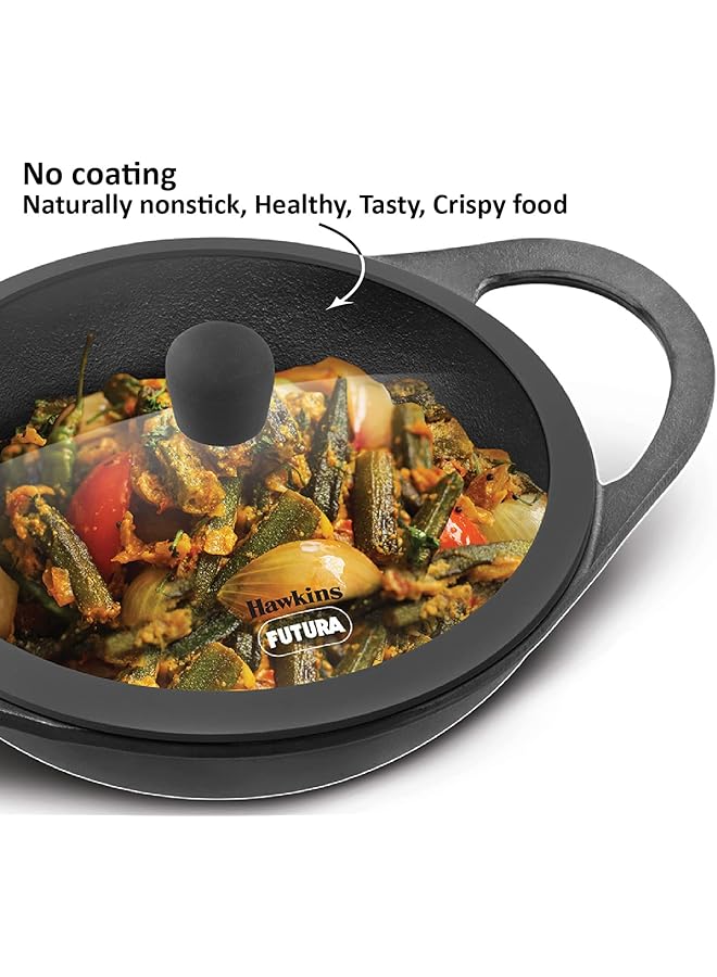 Hawkins Futura 2 Litre Cast Iron Kadhai, Naturally Nonstick Cast Iron Kadai With Glass Lid, Cast Iron Cookware For Kitchen, Black (Cik20G) - Image 2
