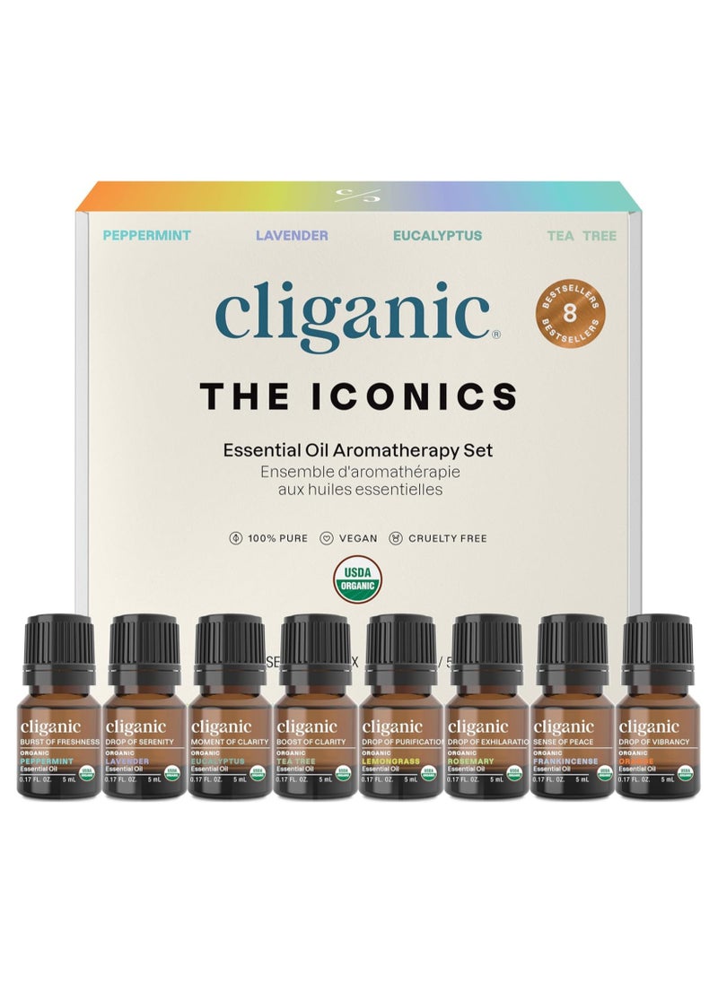 Cliganic - Organic The Iconics Essential Oil Aromatherapy Set Top 8 5mlx8, 100% Pure, Natural Aromatherapy Oil for Diffuser Steam, Non-GMO Verified - Image 1