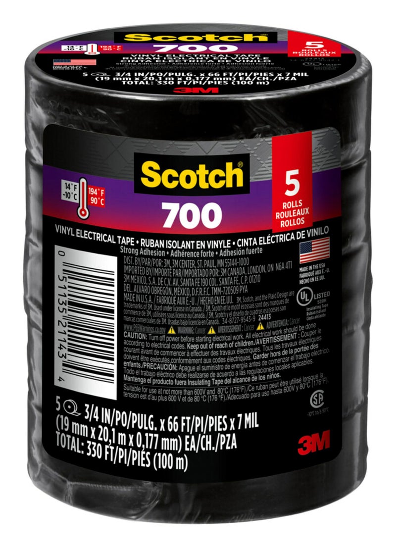 Scotch Vinyl 700 Electrical Tape, 5 Rolls, Black, 3/4-in x 66-ft, Commercial Grade, Rated for Temperatures Up to 194-Degree, Highly Flexible, Stretchy and Conformable (24413-BA-6) - Image 1