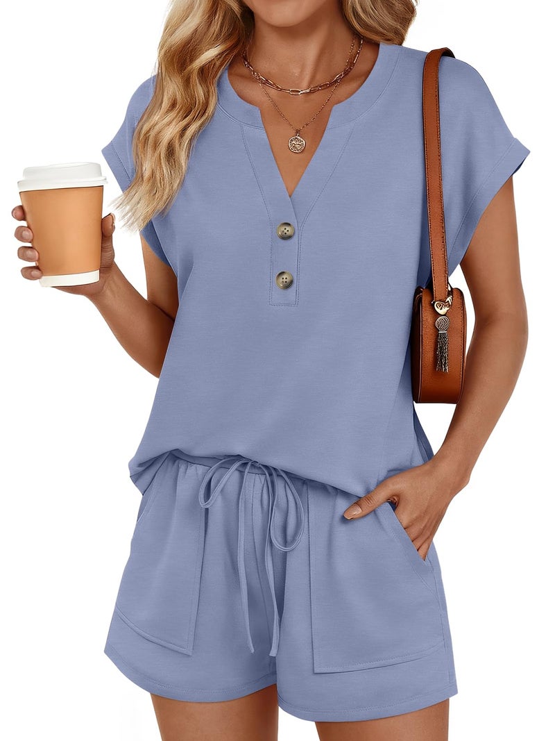 LILLUSORY Womens Henley 2 Piece Short Sets Summer 2026 Lounge Spring Beach Airport Travel Vacation Outfits Matching Sweatsuit Blue M - Image 1