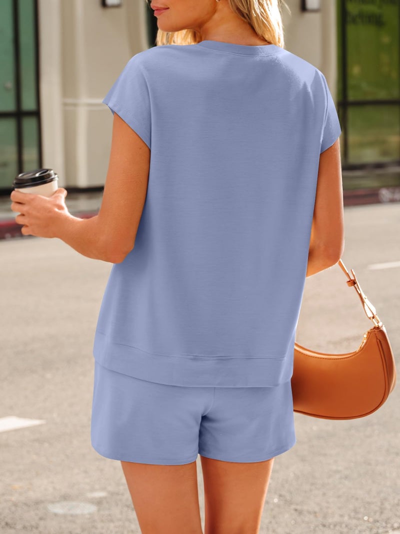 LILLUSORY Womens Henley 2 Piece Short Sets Summer 2026 Lounge Spring Beach Airport Travel Vacation Outfits Matching Sweatsuit Blue M - Image 4