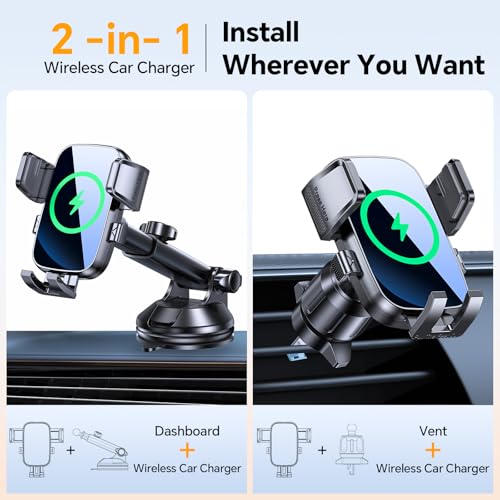 Kaistyle Wireless Car Charger【One Hand Manual Clamping】 Fast Wireless Charger for Car Phone Holder Mount Charger Phone Holders for Your Car Dashboard/Windshield/Vent Truck Mount for iPhone Samsung - Image 4