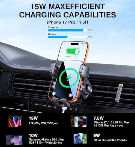 Kaistyle Wireless Car Charger【One Hand Manual Clamping】 Fast Wireless Charger for Car Phone Holder Mount Charger Phone Holders for Your Car Dashboard/Windshield/Vent Truck Mount for iPhone Samsung - Image 2