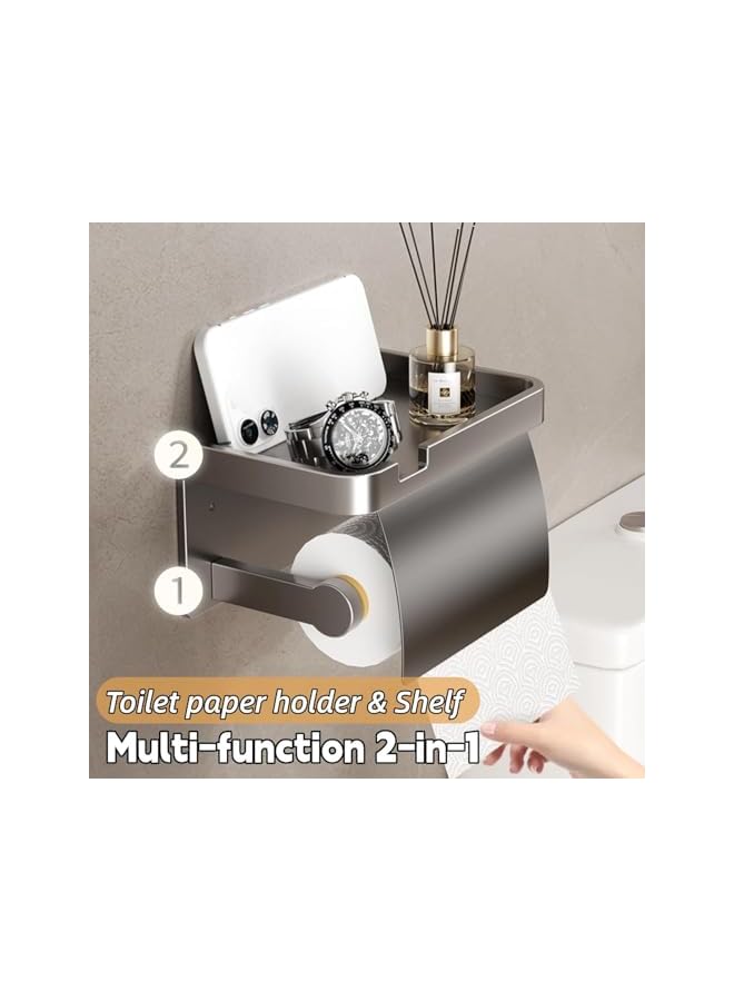 S-TOP Upgrade Bathroom Toilet Paper Holder with Shelf – Self-Adhesive Wall Mount Roll Holder with Cover, Space-Saving, Easy Installation for RV, Washroom, Bathroom Accessories (Gray) - Image 2