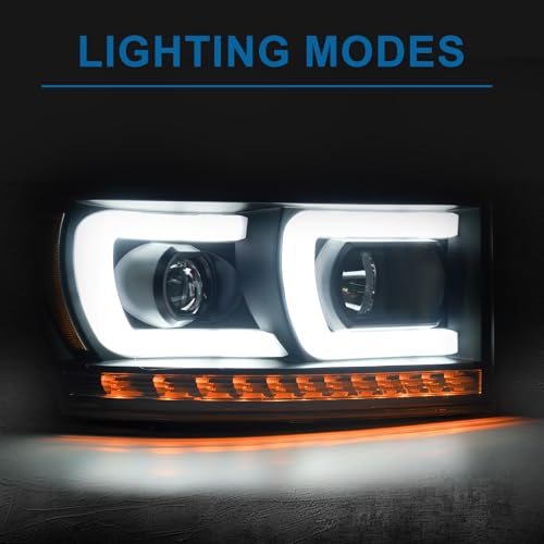 Fullux LED DRL Headlights Assembly Compatible with 2006-2008 Dodge Ram 1500 2500 3500 Left Right Side Replacement Headlamp w/Running Light Bar Black Housing Amber Reflector - Image 2