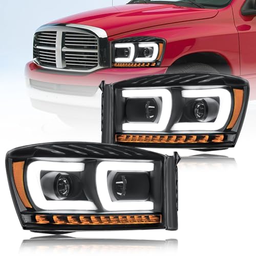 Fullux LED DRL Headlights Assembly Compatible with 2006-2008 Dodge Ram 1500 2500 3500 Left Right Side Replacement Headlamp w/Running Light Bar Black Housing Amber Reflector - Image 1