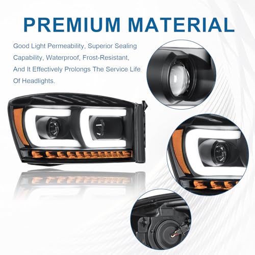 Fullux LED DRL Headlights Assembly Compatible with 2006-2008 Dodge Ram 1500 2500 3500 Left Right Side Replacement Headlamp w/Running Light Bar Black Housing Amber Reflector - Image 5