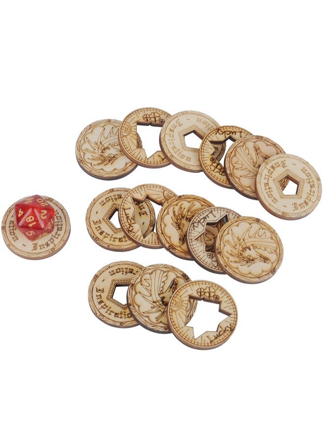 CZYY DND Tokens Laser Cut Wood Coins Set of 15 in 3 Styles - Lucky Clover, Inspiration and Dragon - Perfect for Dungeons & Dragons, Pathfinder, RPG and Board Game - Image 1
