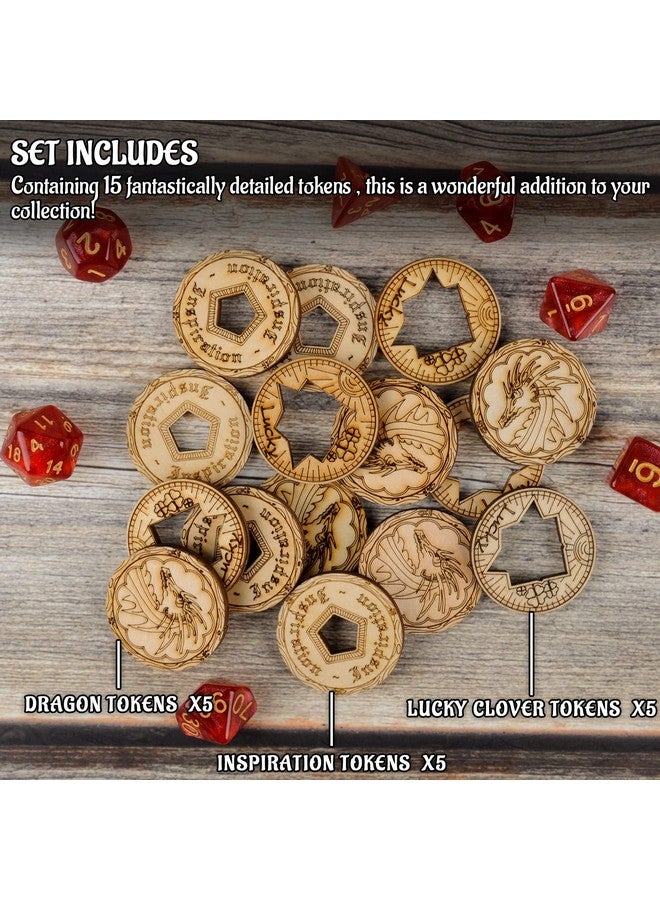 CZYY DND Tokens Laser Cut Wood Coins Set of 15 in 3 Styles - Lucky Clover, Inspiration and Dragon - Perfect for Dungeons & Dragons, Pathfinder, RPG and Board Game - Image 3