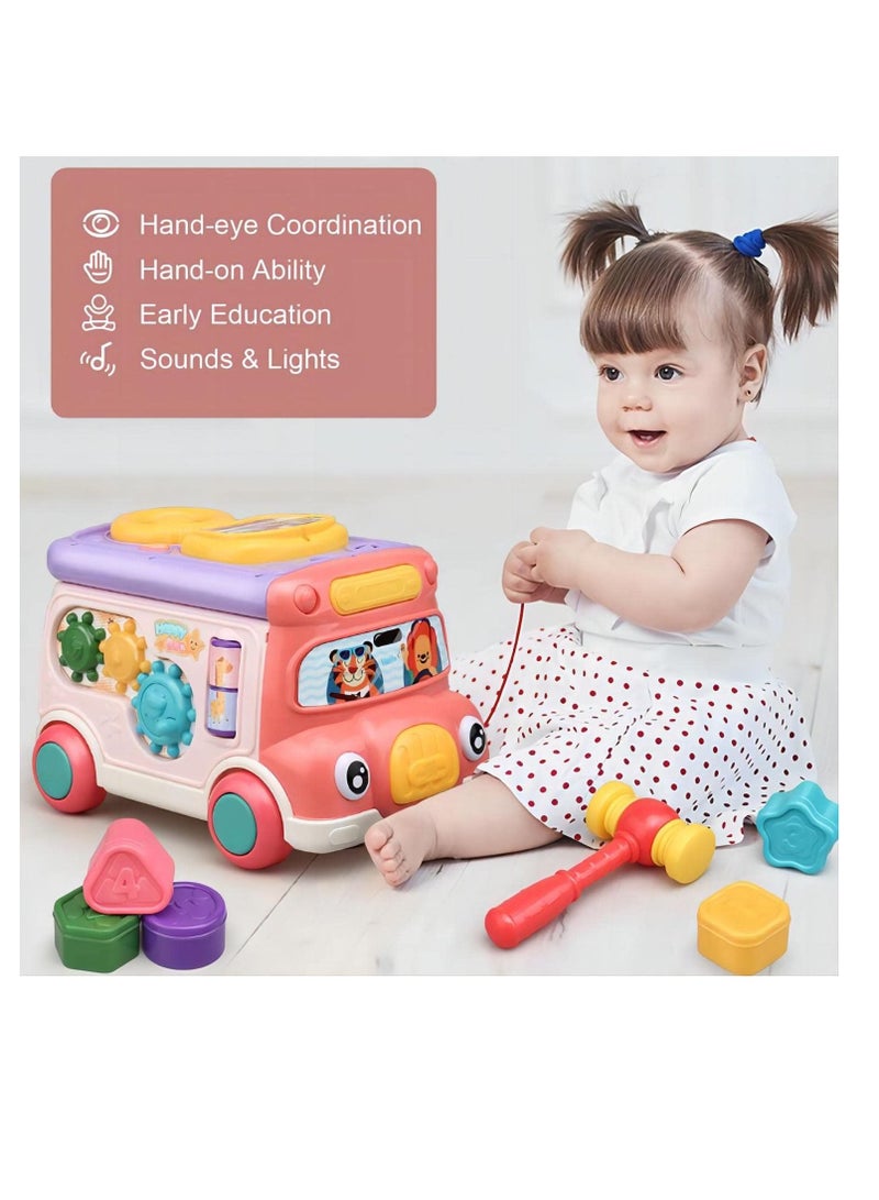 SYOSI Lovely Stone Push Pull Bus Toy Baby Musical Learning Toys with Sound  Light WhackaMole Game Shape Matching Gear Toy Clock Activity Bus Toy Early Education Gift for Toddler Boys Girls - Image 1