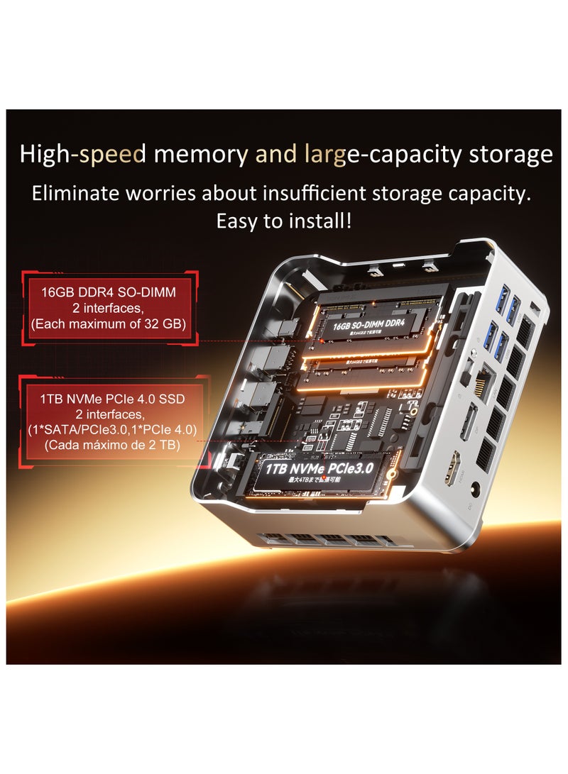 نيبوجي كمبيوتر صغير مزود بمعالج Intel Core i9-14900HX وذاكرة وصول عشوائي (RAM) سعة 32 جيجابايت ومحرك أقراص SSD M.2 2280 PCIe 4.0*4 سعة 1 تيرابايت (تصل السرعة إلى 5.0 جيجاهرتز، 24 نواة/32 خيطًا) إخراج ثلاثي الشاشات بدقة 4K/Wi-Fi6/بلوتوث 5.2/USB3.2 Gen2 Type-C/USB3.2 Gen2 Type-A/HDMI2.0/منفذ إيثرنت جيجابت Rj45 10-1000M/ويندوز 11 برو silver - Image 2