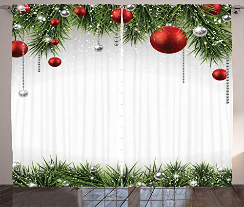 Ambesonne Christmas Curtains, Classical Christmas Ornaments and Baubles Coniferous Pine Tree Twig Tinsel Print, Living Room Bedroom Window Drapes 2 Panel Set, 108" X 90", Vermilion Green - Image 4