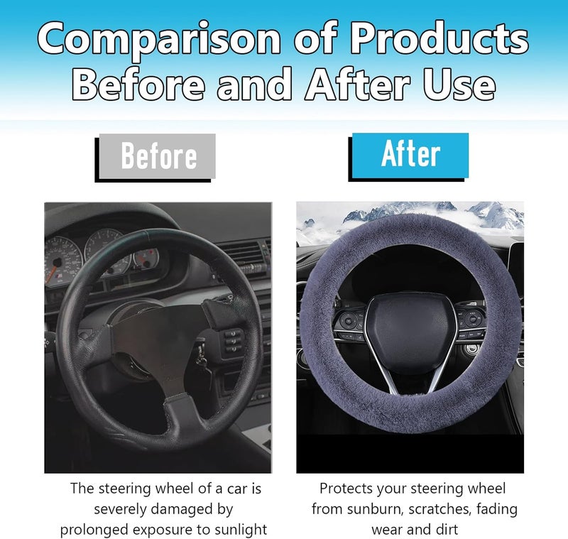 Hbxdeco Fuzzy Car Steering Wheel Cover, 15" Fluffy Auto Steering Wheel Protector for Winter Warm, Non-Slip Car Wheel Covers, Universal Vehicle Interior Decoration Accessories for Women Men (Grey) - Image 4