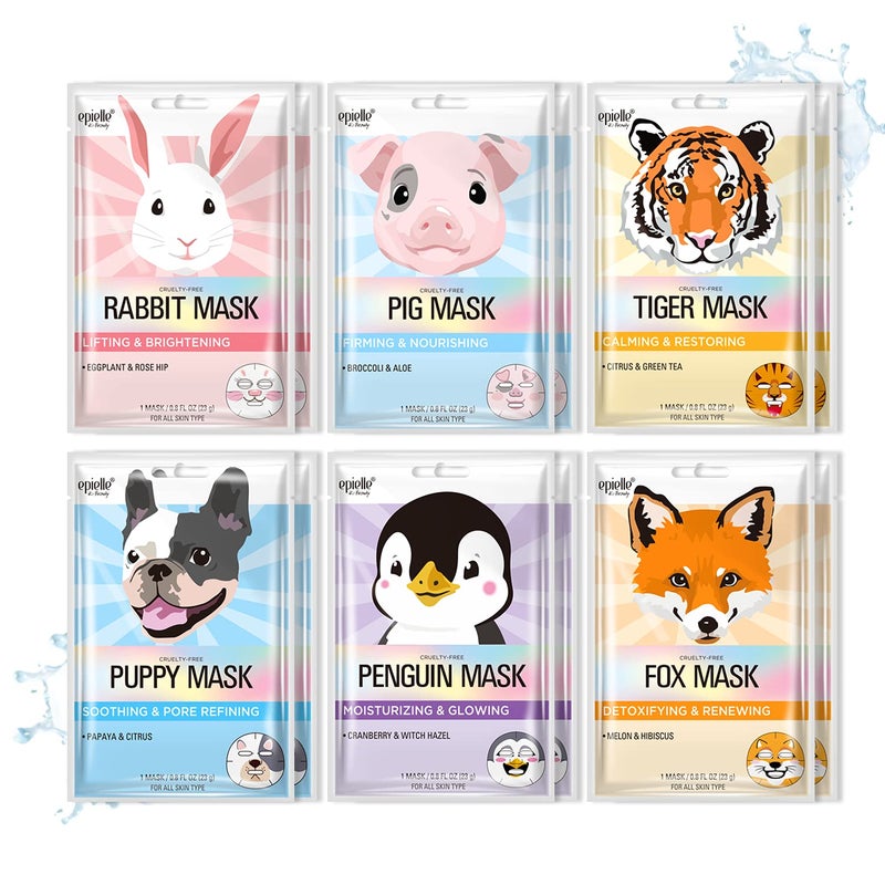 Epielle Character Sheet Masks Animal Spa Mask Korean Beauty Mask For All Skin Types Pack of 12 Birthday Party Gift for her kids Spa Day Party Girls Night Spa Night Beauty Gift