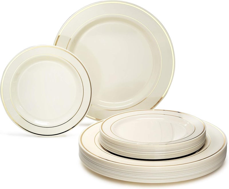 OCCASIONS FINEST PLASTIC TABLEWARE OCCASIONS 50 Pack (25 Guests) Fancy Disposable Plates (Ivory & Gold) | Heavy Duty Plastic, 25x10.5'' Dinner + 25x7.5'' Salad/Dessert, Wedding Party Dinnerware Set, China-Like Look, BPA Free - Image 1