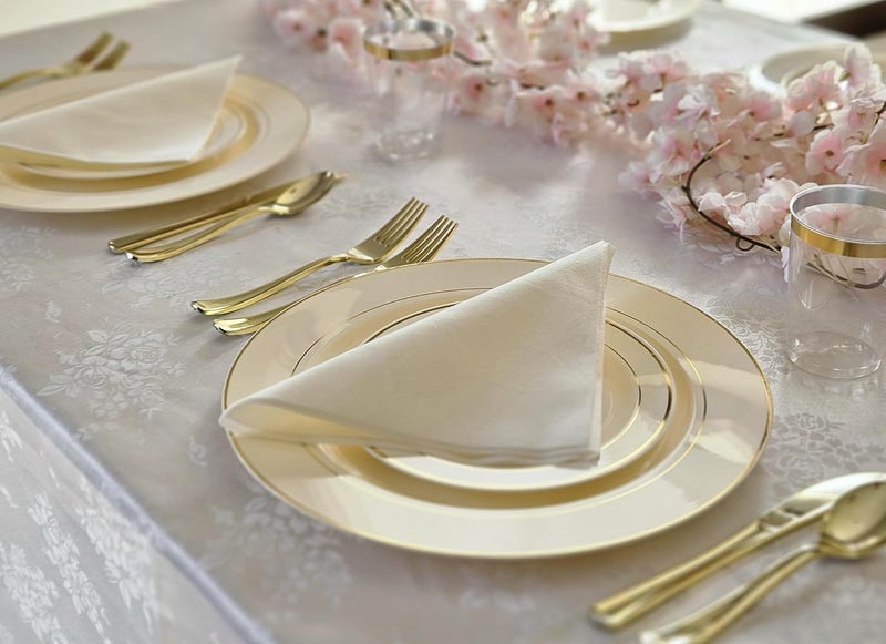 OCCASIONS FINEST PLASTIC TABLEWARE OCCASIONS 50 Pack (25 Guests) Fancy Disposable Plates (Ivory & Gold) | Heavy Duty Plastic, 25x10.5'' Dinner + 25x7.5'' Salad/Dessert, Wedding Party Dinnerware Set, China-Like Look, BPA Free - Image 4