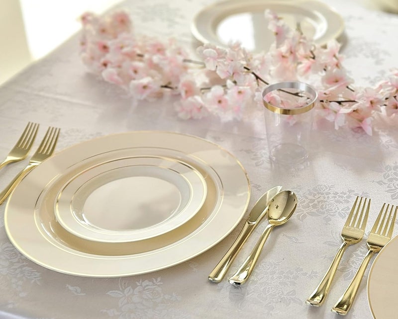 OCCASIONS FINEST PLASTIC TABLEWARE OCCASIONS 50 Pack (25 Guests) Fancy Disposable Plates (Ivory & Gold) | Heavy Duty Plastic, 25x10.5'' Dinner + 25x7.5'' Salad/Dessert, Wedding Party Dinnerware Set, China-Like Look, BPA Free - Image 3