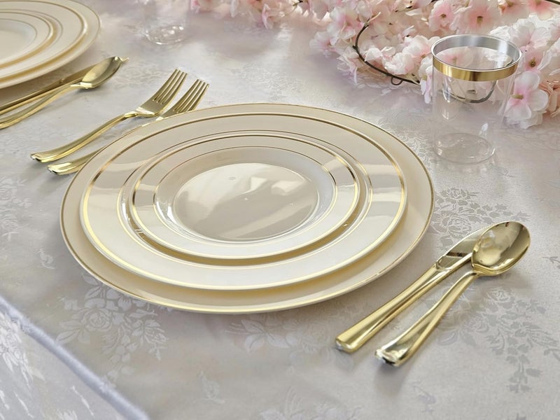 OCCASIONS FINEST PLASTIC TABLEWARE OCCASIONS 50 Pack (25 Guests) Fancy Disposable Plates (Ivory & Gold) | Heavy Duty Plastic, 25x10.5'' Dinner + 25x7.5'' Salad/Dessert, Wedding Party Dinnerware Set, China-Like Look, BPA Free - Image 2