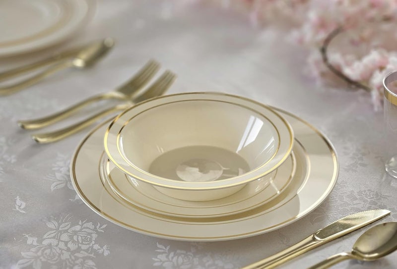 OCCASIONS FINEST PLASTIC TABLEWARE OCCASIONS 50 Pack (25 Guests) Fancy Disposable Plates (Ivory & Gold) | Heavy Duty Plastic, 25x10.5'' Dinner + 25x7.5'' Salad/Dessert, Wedding Party Dinnerware Set, China-Like Look, BPA Free - Image 5