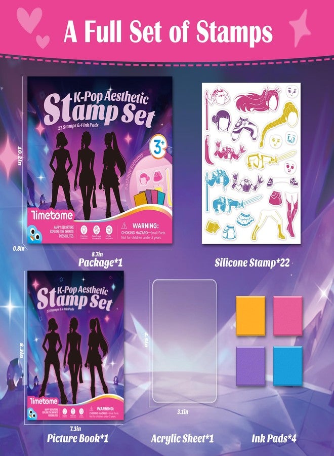 Timetome K-Pop Aesthetic Stamp Set for Kids, Interchangeable Dress-Up Stamps with 22 Designs, DIY Creative Art Toy, Washable Ink, Role Play & Fashion Play, Birthday Gift for Girls & Boys Ages 3-12 - Image 3