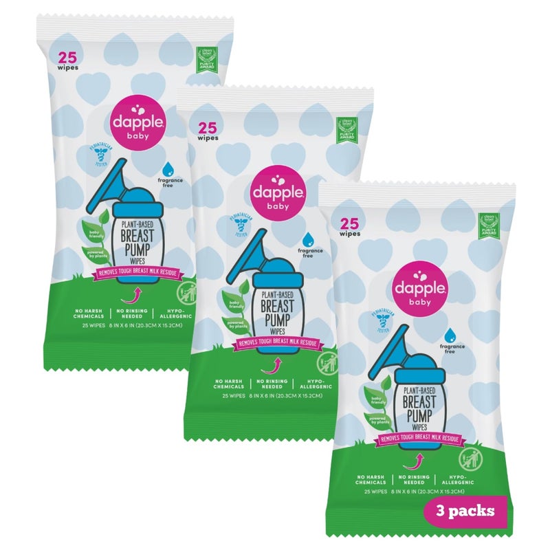 dapple Breast Pump Wipes by Dapple Baby, Hypoallergenic & Powered by Plants, Removes Milk Residue, Leaves No Taste, Convenient Wipes Pouch, Fragrance Free, 25 Count (Pack of 3) - Image 1