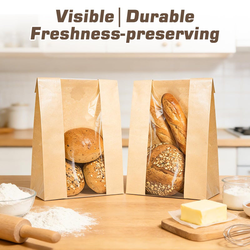 IMagicoo 25 Pcs Bread Bags for Homemade Bread, Paper Sourdough Bags with window, Large Bakery Loaf Bag with Stickers for Cookies, Popcorns, Hamburgers (25, 14.2"x8.3"x3.6") - Image 3