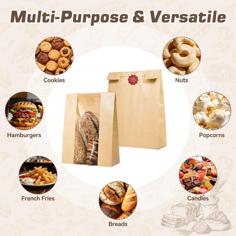 IMagicoo 25 Pcs Bread Bags for Homemade Bread, Paper Sourdough Bags with window, Large Bakery Loaf Bag with Stickers for Cookies, Popcorns, Hamburgers (25, 14.2"x8.3"x3.6") - Image 5