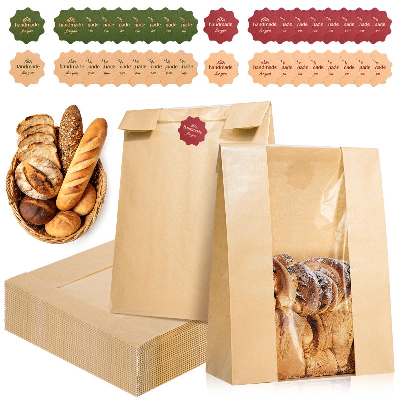 IMagicoo 25 Pcs Bread Bags for Homemade Bread, Paper Sourdough Bags with window, Large Bakery Loaf Bag with Stickers for Cookies, Popcorns, Hamburgers (25, 14.2"x8.3"x3.6") - Image 1