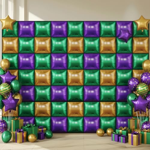 Charnoel 50 Pcs Mardi Gras Party Decor Double Sided Square Foil Balloons Wall Backdrop 19 Purple Green Gold Foil Balloon Tunnel Arch Garland Kit for Fat Tuesday New Orleans Carnival Masquerade Party - Image 1