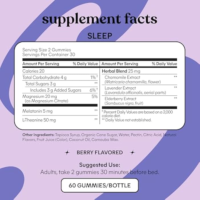 Lemme Sleep Gummies with 5mg Melatonin, Elderberry, Magnesium, L-Theanine, Chamomile and Lavender, Drug-Free Nighttime Sleep Aid, Gluten Free, Gelatin Free, Non GMO, Berry Flavored (60 Count) - Image 4