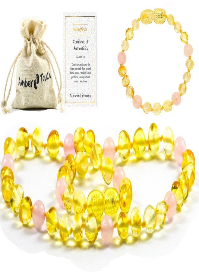 Amber-Touch Baltic Amber Necklace and Bracelet - Natural Amber from Baltic Region (13in. and 5.5in.) (Pink Quartz) - Image 1