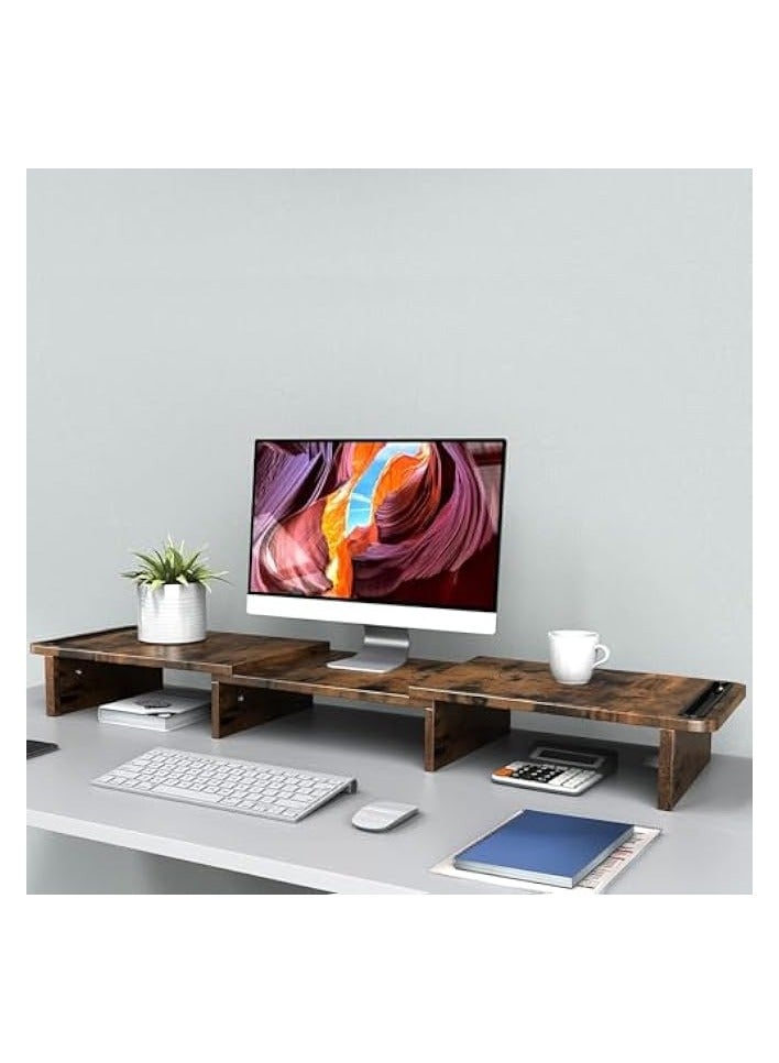 PROMASS Dual Monitor Stand, Monitor Stands Riser for 2 Monitors,with Adjustable Length and Angle Shelf with Storage Organizer for Office Desk Accessories (Rust Brown) - Image 4